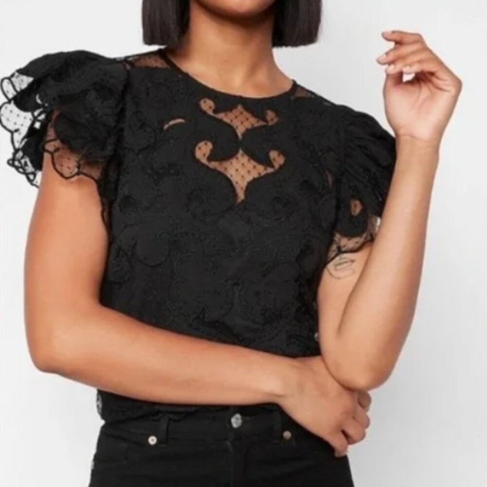 Express Sheer Lace Short Ruffle Sleeve Top -Size XS Perfect Condition, Like New!